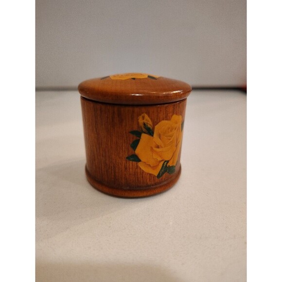 Vintage Wood Roll Stamp Holder Dispenser Yellow Roses Felt Bottom - Picture 3 of 9